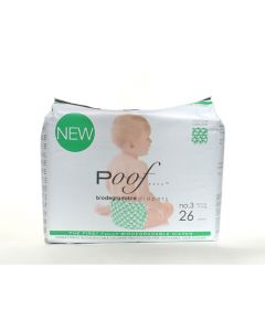 Poof Bio Disposable Diapers - Chlorine Free - Antibacterial - Size 3 - Green Loops - Case of 4 - 26 CT
