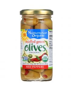 Mediterranean Organic Olives - Organic - Green - Stuffed - Red Peppers - 8.5 oz - case of 12