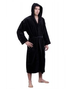 Bare Cotton 100% Turkish Cotton Adult Hooded Terry Velour Robe - Black - Adult - One Size - Adult Hooded Terry Velour Robe - Black - One Size