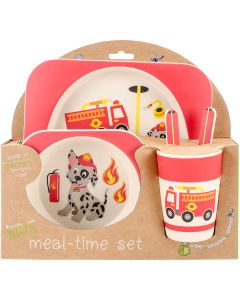 Mon Petit Chou Bamboo Fiber Kids Plate Set-Dalmatian Fire Truck