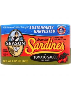 Season Brand Sardines - Skinless and Boneless - in Tomato Sauce - Salt Added - 4.375 oz - case of 12