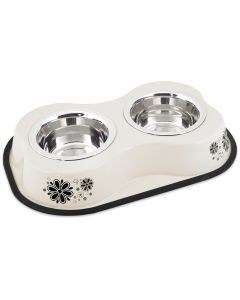 Buddy's Line Bone Shaped Double Diner W/2 1pt Stainless Steel Bowls-Flower Pattern Ivory
