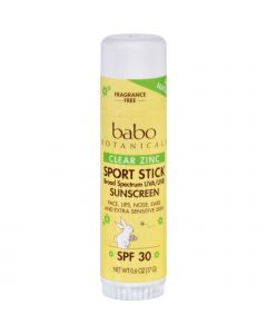 Babo Botanicals Clear Zinc Sport Stick - Unscented SPF 30 - .6 oz - Case of 12