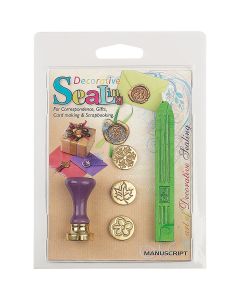 Manuscript Pen Decorative 3 Coin Sealing Set W/Green Wax-Flower, Leaf & Snowflake