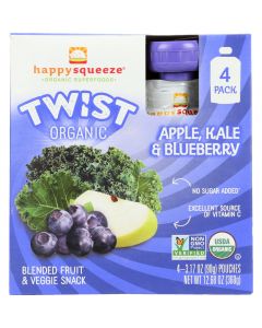 Happy Squeeze Fruit and Veggie Snack - Organic - Blended - Twist - Apple Kale and Blueberry - 4/3.17 oz - case of 4