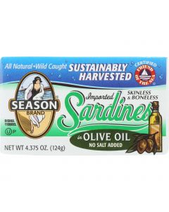 Season Brand Sardines - Skinless and Boneless - in Olive Oil - No Salt Added - 4.375 oz - case of 12