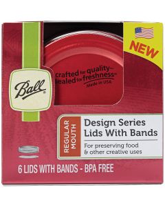 Loew-Cornell Ball Design Series Lids & Bands 6/Pkg-Regular Mouth Red