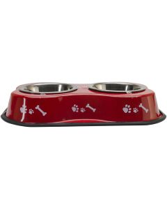 Buddy's Line Bone Shaped Double Diner W/2 1pt Stainless Steel Bowls-Bone & Paws Print Red