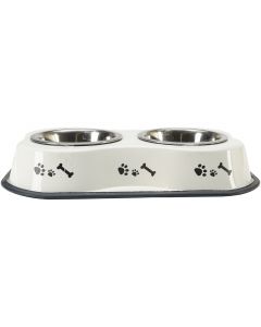 Buddy's Line Bone Shaped Double Diner W/2 1pt Stainless Steel Bowls-Bone & Paws Print Ivory