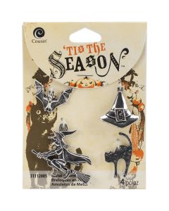 Cousin Tis The Season Charms-Silver Witch, Bat, Hat & Cat 4/Pkg
