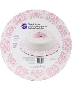Wilton Cake Boards-12" Round Pink Damask 3/Pkg