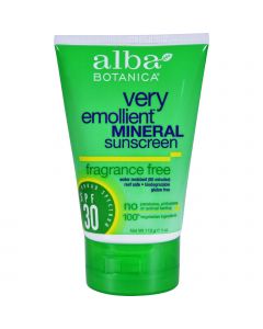 Alba Botanica Very Emollient Natural Sunscreen Mineral Protection Fragrance Free SPF 30 - 4 oz