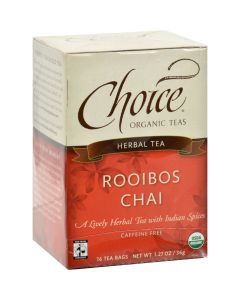 Choice Organic Teas Herbal Tea Rooibos Chai - Caffeine Free - Case of 6 - 16 Bags