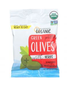 Mediterranean Organic Olives - Organic - Green - Pitted - with Herbs - Snack Pack - 2.5 oz - case of 12