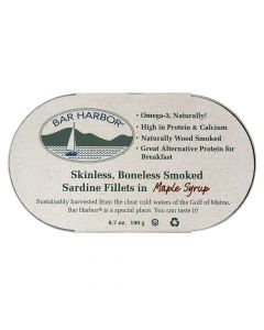 Bar Harbor Skinless Boneless Smoked Sardine Fillets - Maple Syrup - Case of 12 - 6.7 oz.