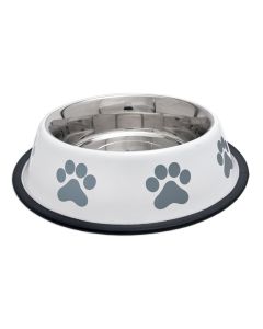 Westminster Pet Products Fashion Steel Bowl White W/Grey Paws 32oz-