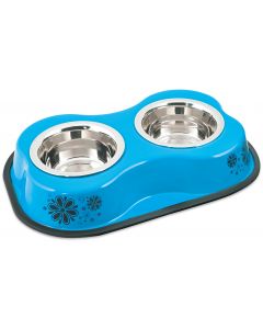 Buddy's Line Bone Shaped Double Diner W/2 1pt Stainless Steel Bowls-Flower Pattern Blue