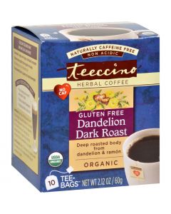 Teeccino Organic Herbal Coffee - Dandelion Dark Roast - 10 Bags - Case of 6