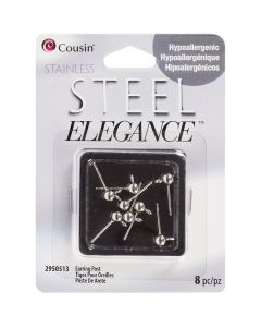 Cousin Stainless Steel Elegance Beads & Findings-Earring Posts W/Loop 8/Pkg