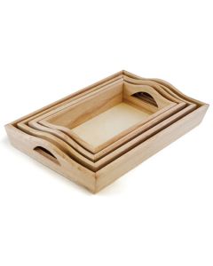 Multicraft Imports Paintable Wooden Trays W/Handles 4/Pkg-4.25"X7.5" To 6.75"X10.25"