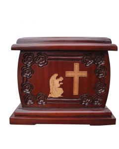 Urnporium Adult - wooden urns - funeral Cremation Urn Mahogany wood urn Angel Praying beside Cross cherry wood onlay Urn for Human Ashes