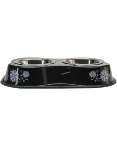 Buddy's Line Bone Shaped Double Diner W/2 1pt Stainless Steel Bowls-Flower Pattern Black