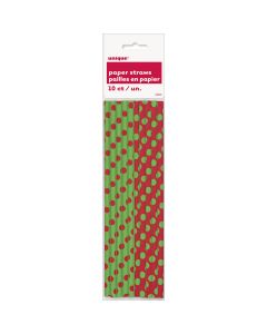 Unique Industries Paper Straws 8.25" 10/Pkg-Red & Green Decorative Dots