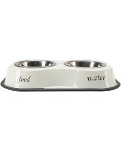 Buddy's Line Bone Shaped Double Diner W/2 1pt Stainless Steel Bowls-Food & Water Print Ivory