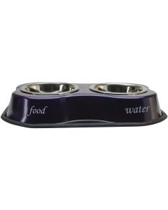 Buddy's Line Bone Shaped Double Diner W/2 1pt Stainless Steel Bowls-Food & Water Print Purple