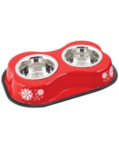 Buddy's Line Bone Shaped Double Diner W/2 1pt Stainless Steel Bowls-Flower Pattern Red